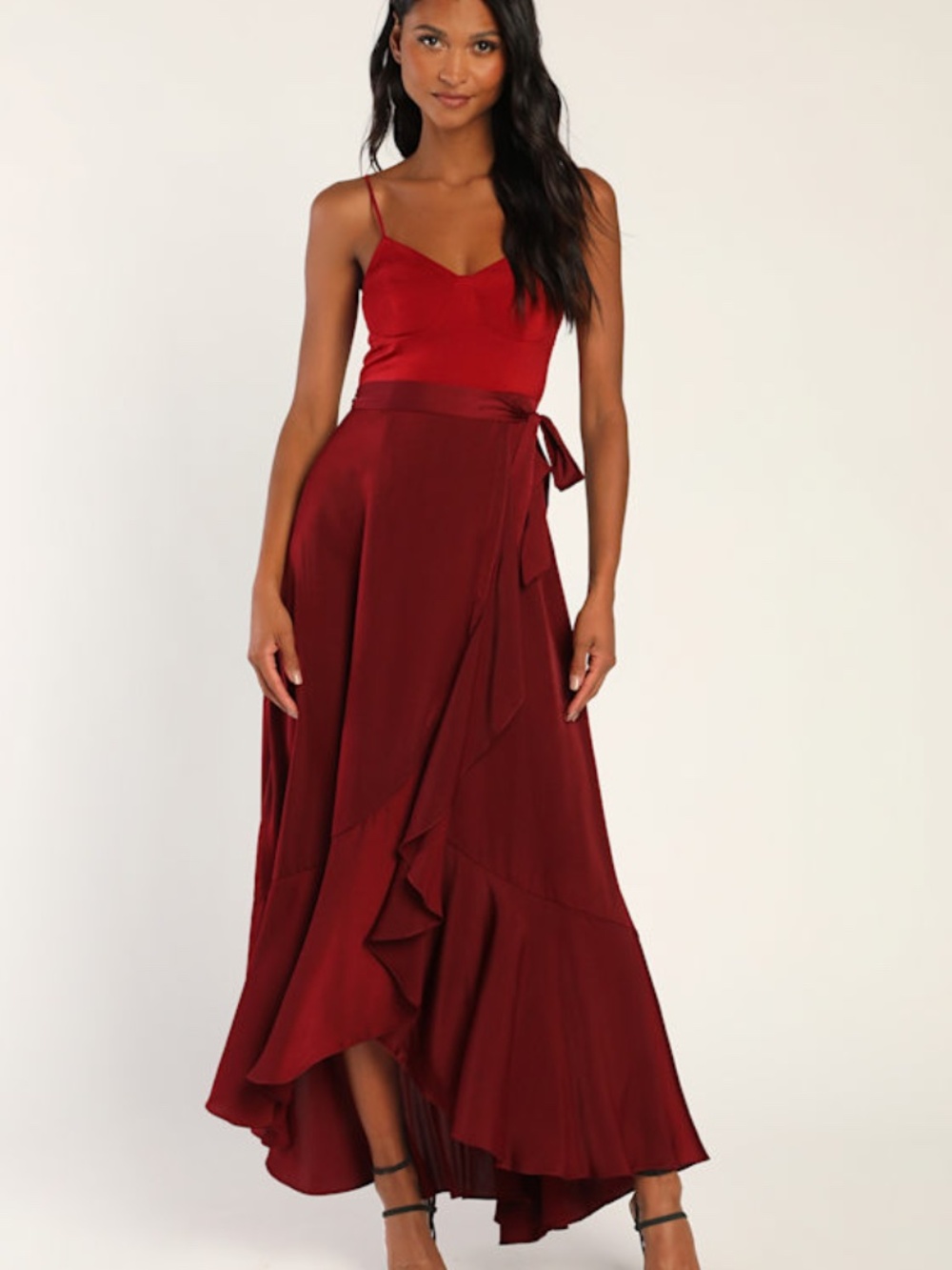 Lulus Double Darling Burgundy Color Block Satin Ruffled Maxi Dress Red - Size M